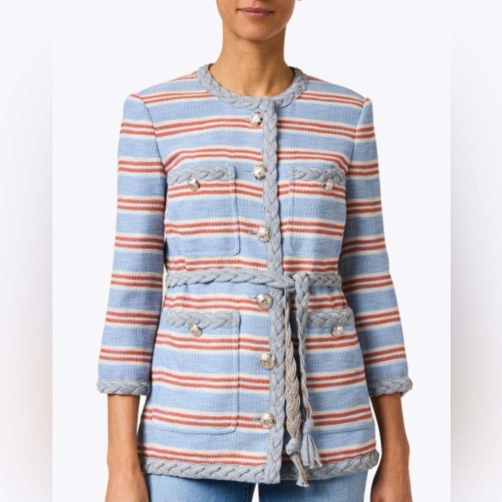 NEW Veronica Beard Striped Ginerva Belt Jacket Button Blazer, Blue/Red/White - Picture 7 of 15